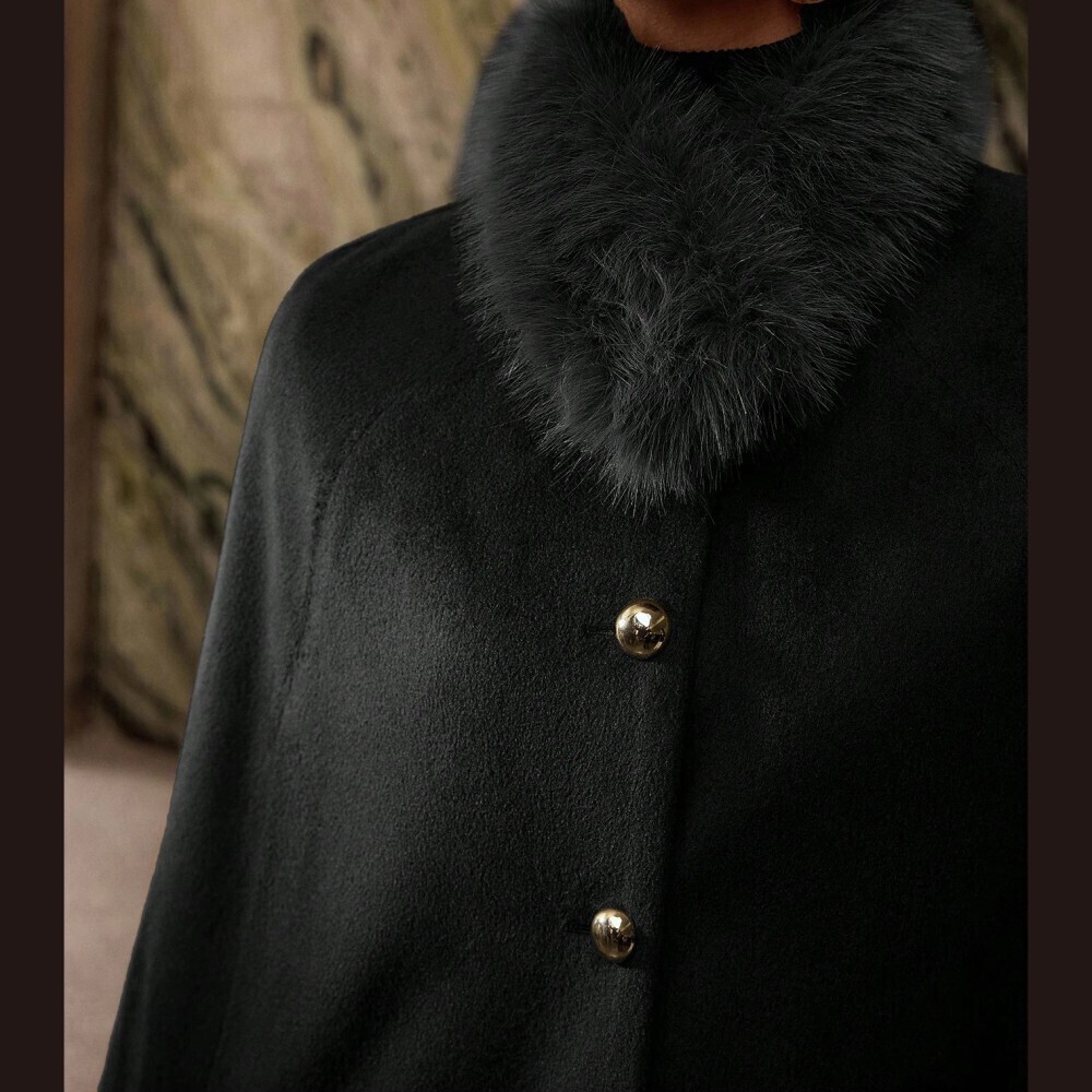 Black Fuzzy Collar Cape Coat with Gold Buttons - Picture 2 of 8